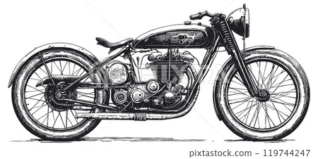 Antique Motorcycle Monochrome Engraving Vintage Illustration On White Background Classic Design Retro Art Detailed Graphic Black And White 119744247