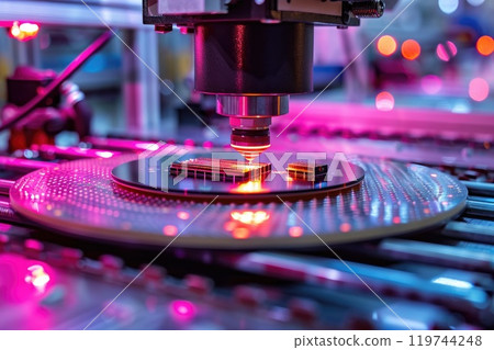 Robotic manufacturing of semiconductors and computer chips from silicon wafers. Modern technology concept 119744248