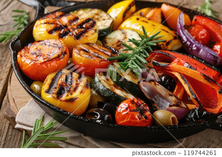 Mouthwatering grilled vegetables in a cast iron pan, showcasing vibrant colors and textures 119744261