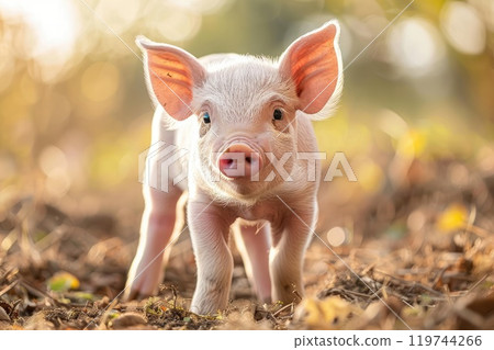 Cute piglet in farm. Happy and healthy small pig. Livestock farming. 119744266