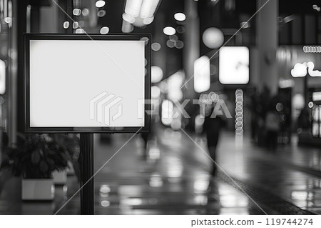 A monochrome image showing an empty advertisement board in a busy shopping mall 119744274