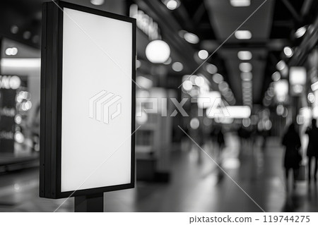 A monochrome image showing an empty advertisement board in a busy shopping mall 119744275