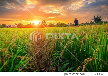 Farmer walking through rice paddy field at sunset in thailand 119744323