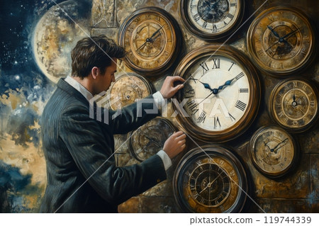 Businessman managing time, adjusting clocks on wall with space background Businessman managing time, adjusting clocks on wall with space background 119744339