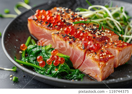 Sesame crusted tuna served with fresh vegetables and caviar 119744375