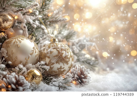 Christmas ornaments hanging on snowy fir branches creating a festive atmosphere Christmas ornaments hanging on snowy fir branches creating a festive atmosphere 119744389