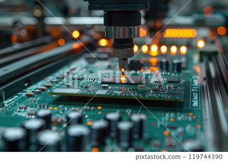 Printed circuit board assembly process. Conveyor with robotic arms in electronics factory. Semiconductor manufacturing industry 119744390