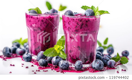 Fresh blueberry smoothies with mint garnish 119744402