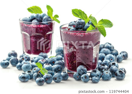 Two glasses of vibrant blueberry smoothies adorned with fresh mint leaves and surrounded by scattered berries 119744404