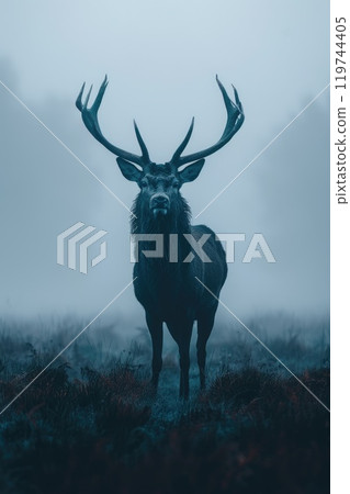 Majestic red deer stag with impressive antlers standing in a foggy forest landscape 119744405