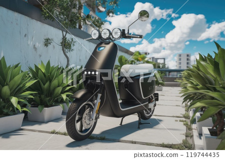 Modern electric scooter parked in urban setting promoting sustainable transportation Modern electric scooter parked in urban setting promoting sustainable transportation 119744435
