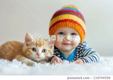 Baby wearing knitted hat lying with ginger kitten on soft blanket 119744509
