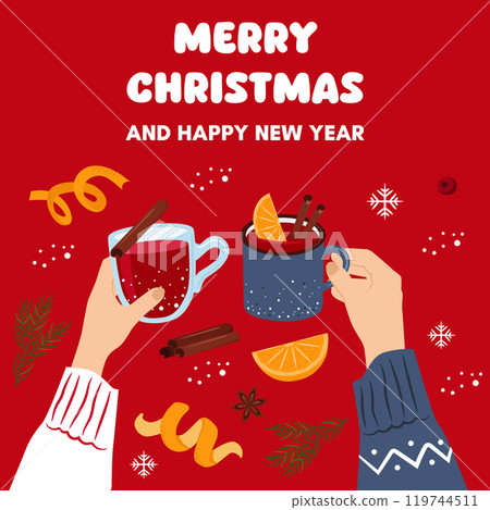 Merry Christmas card. Group of people drinking winter drinks. People celebrate Christmas and New Year together. Hands hold cups of mulled wine. 119744511