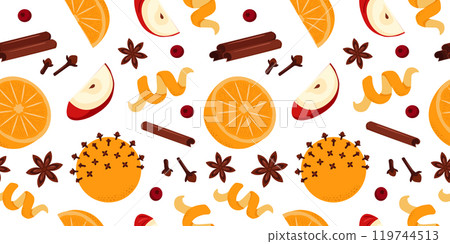 Mulled wine ingredients seamless pattern. Citrus fruits and spices. Vector print for packaging, fabric, wallpaper. 119744513