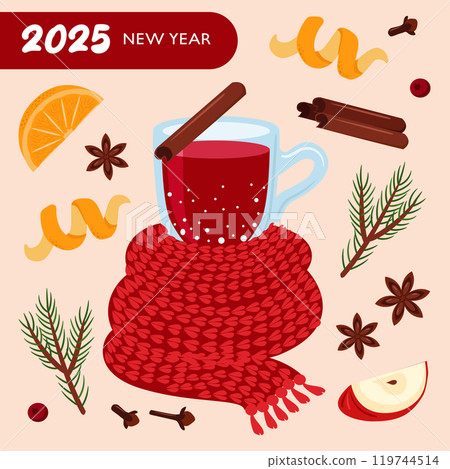 New Year greeting card. A glass of mulled wine in a scarf. Ingredients for cooking - orange, spices. Vector trend illustration. 119744514