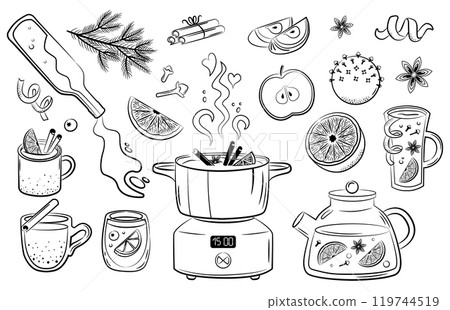 Winter drinks. Mulled wine ingredients. Punch in cup, mug, pot. Red wine, citrus, spices. Vector sketch style illustration set. 119744519