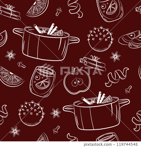 Mulled wine ingredients. Orange, star anise, apple, cinnamon, cloves. Seamless pattern on maroon background. 119744548