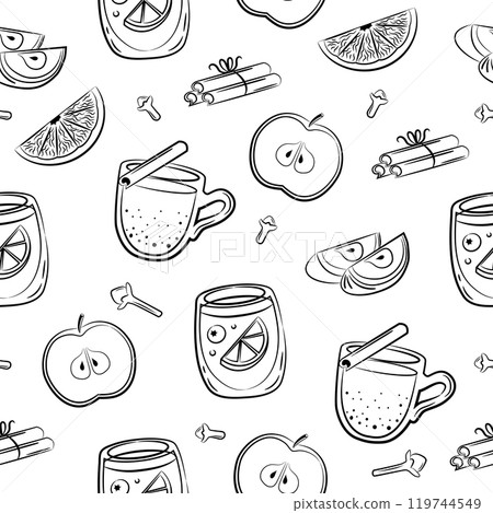 Winter drinks seamless pattern. Mulled wine and ingredients. Punch in cup, mug, apple, spices. Vector sketch background. 119744549
