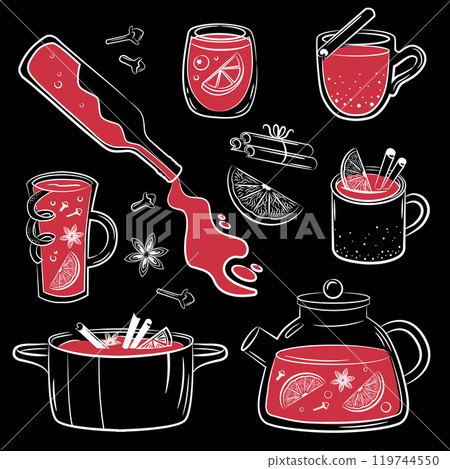 Winter drinks. Mulled wine ingredients. Punch in cup, mug, pot. Red wine, citrus, spices. Vector set on chalk board. Winter drinks. Mulled wine ingredients. Punch in cup, mug, pot. Red wine, citrus, spices. Vector set on chalk board. 119744550