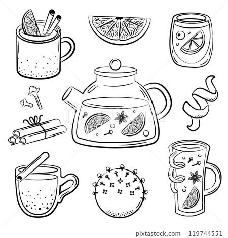 Winter drinks. Mulled wine ingredients. Punch in cup, mug, pot. Red wine, citrus, spices. Vector sketch style set. 119744551