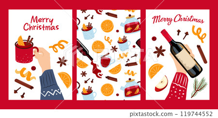 Christmas drinks cards set. Hand with mug and bottle of wine. Mulled wine, fruits and spices seamless background. Vector illustration set. 119744552