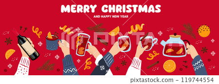 Merry Christmas banner with group of people drinking winter drinks. Hands hold cups of mulled wine. People celebrate Christmas and New Year together. Merry Christmas banner with group of people drinking winter drinks. Hands hold cups of mulled wine. People celebrate Christmas and New Year together. 119744554