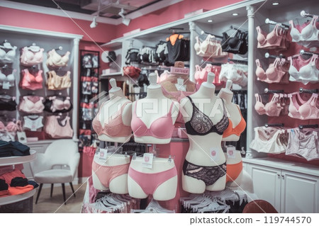 Mannequins wearing bras and panties in lingerie store 119744570