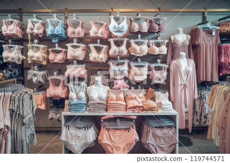 Lingerie store displaying bras, panties, and sleepwear on mannequins and hangers 119744571