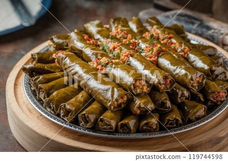 Stuffed grape leaves with minced meat and rice filling displayed on wooden tray Stuffed grape leaves with minced meat and rice filling displayed on wooden tray 119744598