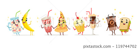 Funny Food Friends Together Enjoy and Have Fun Vector Set 119744702