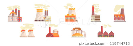 Industrial Plant and Factory Building with Chimney Vector Set Industrial Plant and Factory Building with Chimney Vector Set 119744713
