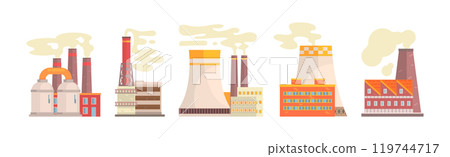 Industrial Plant and Factory Building with Chimney Vector Set 119744717
