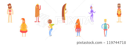 Happy Man Character Wearing Funny Costume and Outfit Vector Set Happy Man Character Wearing Funny Costume and Outfit Vector Set 119744718