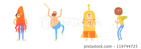 Happy Man Character Wearing Funny Costume and Outfit Vector Set 119744725