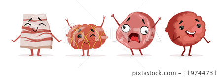 Humanized Meat Product Character with Face and Arms Vector Set 119744731