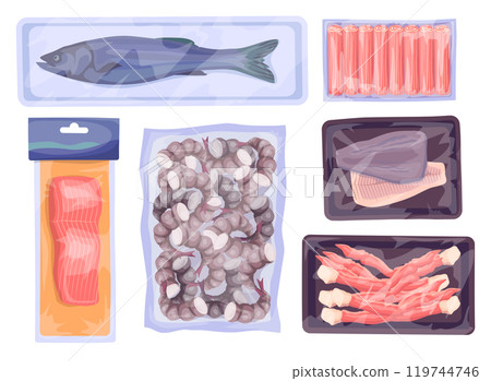 Cartoon Color Frozen Seafood Package Set Fillet, Shrimp and Crab Sticks Concept Flat Design Style . Vector illustration 119744746