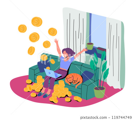 Cartoon Color Character Women and Earn Money Online Concept Flat Design Style. Vector illustration of Girl Sitting with Laptop on Couch and Gets Money 119744749