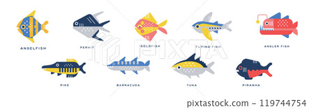 Different Fish Flat Icon with Name Vector Set Different Fish Flat Icon with Name Vector Set 119744754