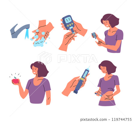 Cartoon Characters Women and Diabetes Treatment Concept. Vector illustration of Checks Blood Sugar Level with Glucometer, Change Diet and Take Medications 119744755
