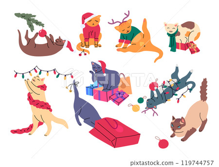 Cartoon Color Christmas Cats Set Merry Xmas and Happy New Year Concept Flat Design Style. Vector illustration of Cute Kitten Playing Garland 119744757