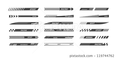 Different Black Sports Racing Stripes Set Car, Moto or Boat Stickers. Vector illustration of Tuning Racing Sport Decals 119744762
