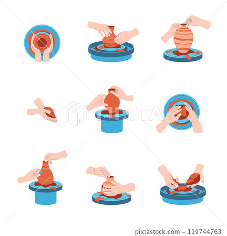 Cartoon Color Different Hands Gestures Set Pottery Ceramic Workshop Handmade Concept. Vector illustration of Making Vase 119744763
