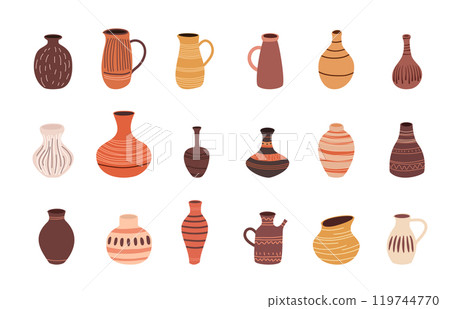 Cartoon Color Different Ceramic Vases Icons Set Concept Flat Design Style. Vector illustration of Decorative Pottery Vase Cartoon Color Different Ceramic Vases Icons Set Concept Flat Design Style. Vector illustration of Decorative Pottery Vase 119744770