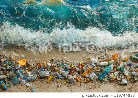 Plastic waste polluting sandy beach and turquoise ocean water 119744858