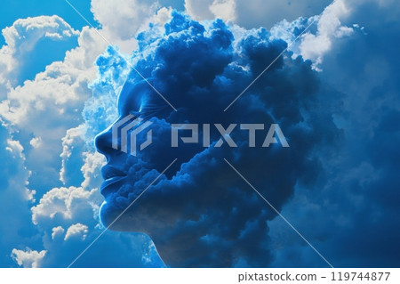 Woman face emerging from cloudy sky representing dreams and imagination 119744877
