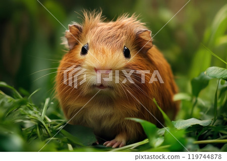 Cute red haired guinea pig exploring green grass 119744878