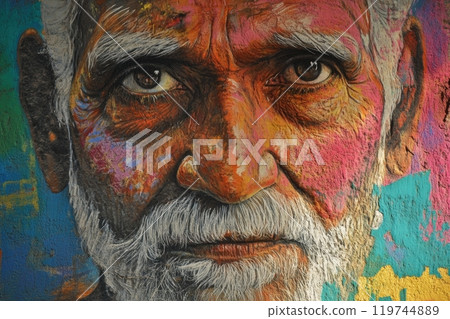 Colorful mural depicting expressive senior man's face 119744889