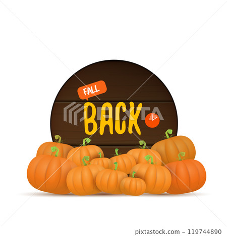 Fall Back 2024. Autumn Daylight saving time ends banner with pumpkins isolated on white background. 119744890