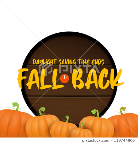 Fall Back 2024. Autumn Daylight saving time ends banner with pumpkins isolated on white background. 119744900