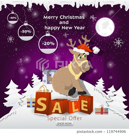 A Christmas sale banner with an inscription in the form of packages in a snowy clearing a deer in a Santa Claus hat A Christmas sale banner with an inscription in the form of packages in a snowy clearing a deer in a Santa Claus hat 119744906